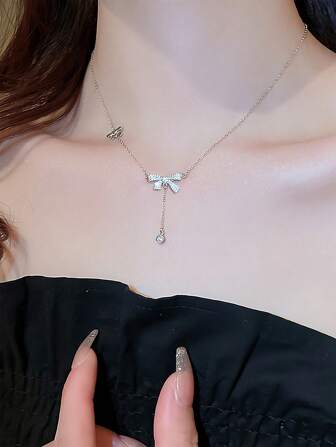 1pc Silver-Colored Bowknot & Cubic Zirconia Necklace For Women Valentines,Mom,Mother,Mother's Day,Gift