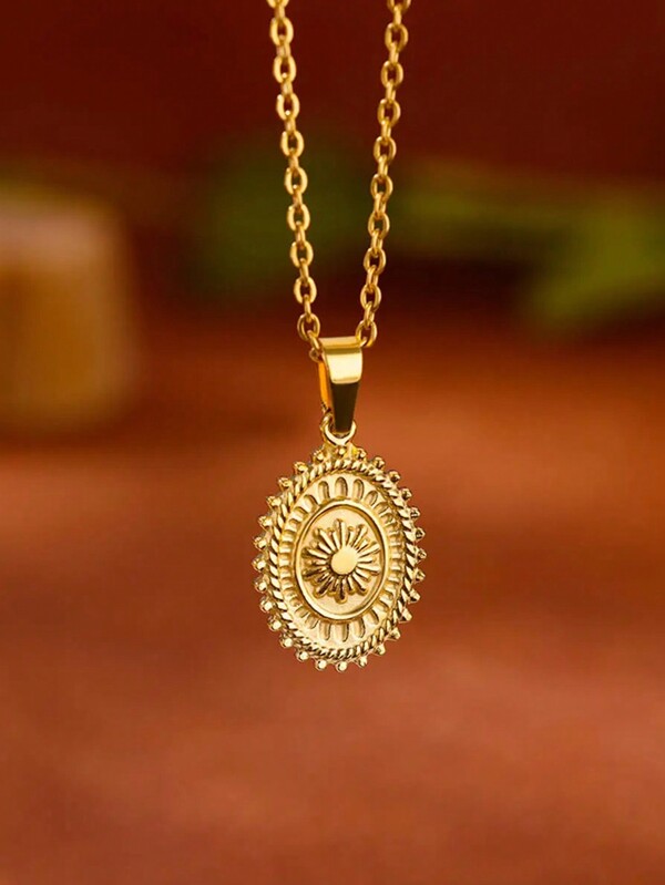 1PC Oval Sun Pendant Necklaces For Women Waterproof Gold Color Sun Necklace New Couple Aesthetic Premium Stainless Steel Jewelry Collar