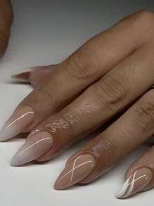 Y2K 更新您的外观 Y2K 24 件中号杏仁色超光泽按压指甲粉色时尚法式渐变几何条纹图案简约风格假指甲人造手指修指甲假指甲女士甜美、可爱、简约、优雅风格美甲套装带可拆卸假趾甲贴片适合节日穿着、派对、朋友、约会、日常穿着，附赠 24 片果冻片和一个迷你锉刀 - 粉色 - 查看 1