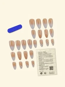 Y2K 更新您的外观 Y2K 24 件中号杏仁色超光泽按压指甲粉色时尚法式渐变几何条纹图案简约风格假指甲人造手指修指甲假指甲女士甜美、可爱、简约、优雅风格美甲套装带可拆卸假趾甲贴片适合节日穿着、派对、朋友、约会、日常穿着，附赠 24 片果冻片和一个迷你锉刀 - 粉色 - 查看 2