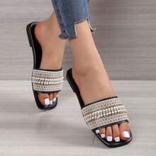 Women's  Open Toe Sparkle Slides Rhinestone Pearl Sandals Slide Glitter Bling Casual Sandal Flat - Black - View 2