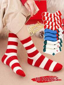 10 Pares De Calcetines A Media Pantorrilla Para Mujer Con Diseño A Rayas Rojas, Calcetines Unisex De Color De Choque, Casuales De Moda Y Transpirabilidad,Adecuado Para Días Festivos Como Navidad Y Halloween. - Multicolor - Ver 1