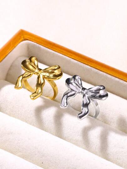 Bow Glossy Stainless Steel Open Rings For Women Minimalist Gold Color Adjustable Bow Ring Wedding Butterfly Aesthetic Jewelry ﻿ Valentines,Mom,Mother,Mother's Day,Gift