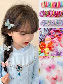 266 piezas Set surtido de ligas para el cabello, bandas elásticas y accesorios para el cabello con flores, lazos y tul de colores para niñas, estilo princesa lindo para uso diario y regalos