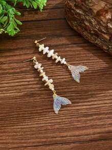 2 件时尚优雅的美人鱼尾巴形天然贝壳和人造珍珠 DIY 流苏耳环，适合女性度假和派对佩戴 - 魚尾形貝殼耳環 - 查看 3