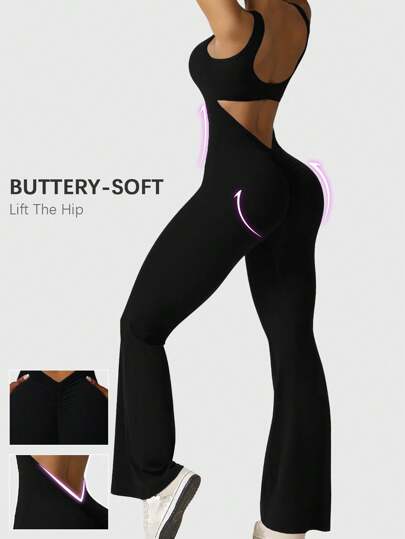 Speed mate Women's Sleeveless Yoga Jumpsuits With Butt Lifter, Women's Open Back Flared Flare Jumpsuits Shapewear Bodysuit
