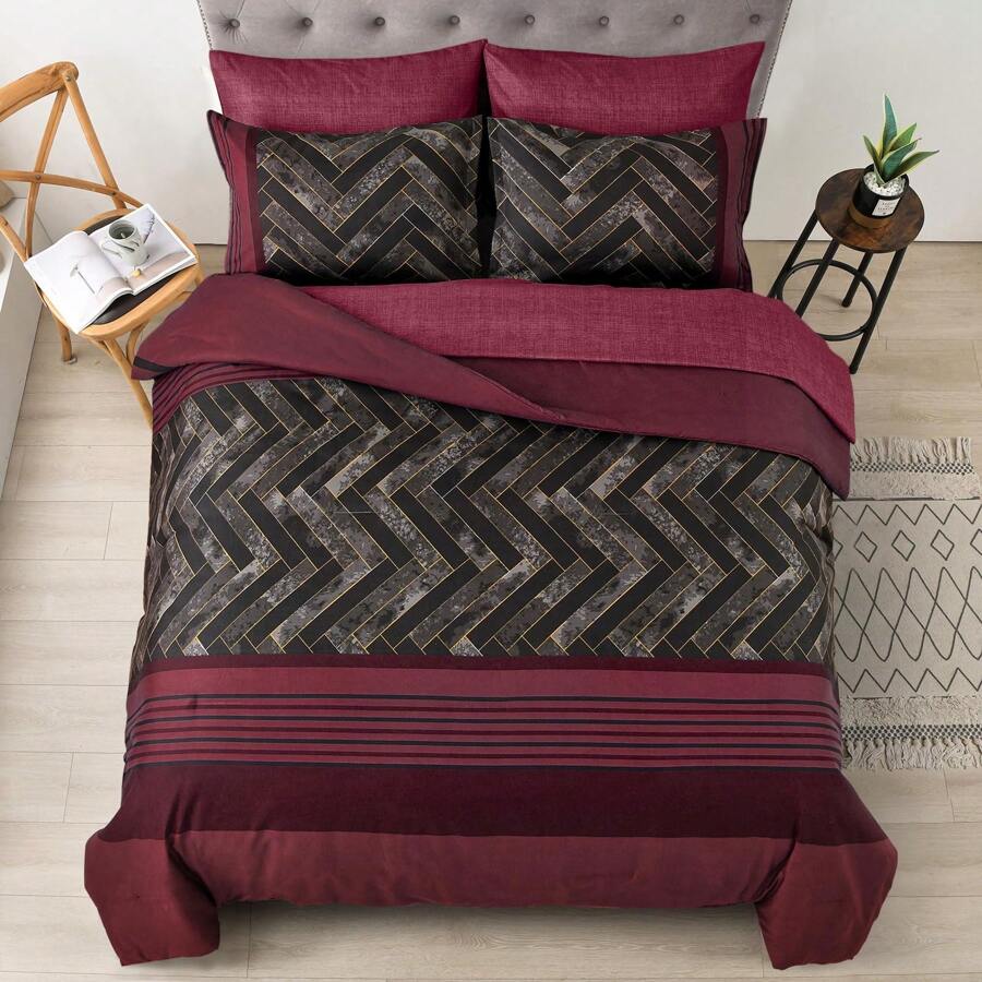 7 Pieces Grey/Blue/Black Striped Comforter Sets Queen King Bed In A Bag Warm Soft Microfiber Complete Bedding Sets With Sheet Set And Pillowcase For All Seasons - 酒紅色 - 查看 1
