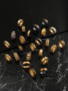 8/10/12/20/30pcs Fashionable Stainless Steel Punk Rings Set - Engraved Moon, Star, Cross Designs, For Men's Daily Wear, Festival, Back To School Gifts - Gold - View 3