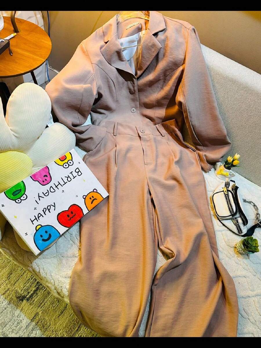 Crystal Love 886 Solid Blazer And Pants Set Linen Tailoring Women's Lined Button Set - Màu Khaki - Xem 1