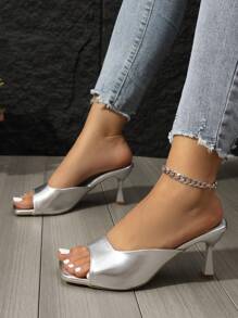女士尖头高跟凉鞋，银色低跟婚礼/休闲穆勒鞋 - 銀色 - 查看 6