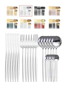 24 件不锈钢餐具套装，包括刀、叉、勺和咖啡勺，6 人份学校用品，圣诞礼物 - 白色 - 查看 10