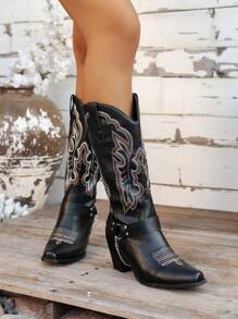 Women's Embroidered Western Style Outdoor Casual Buckle Chain Decor Mid-Calf Boots, Spring Autumn 2024 New, Cowgirl Boots