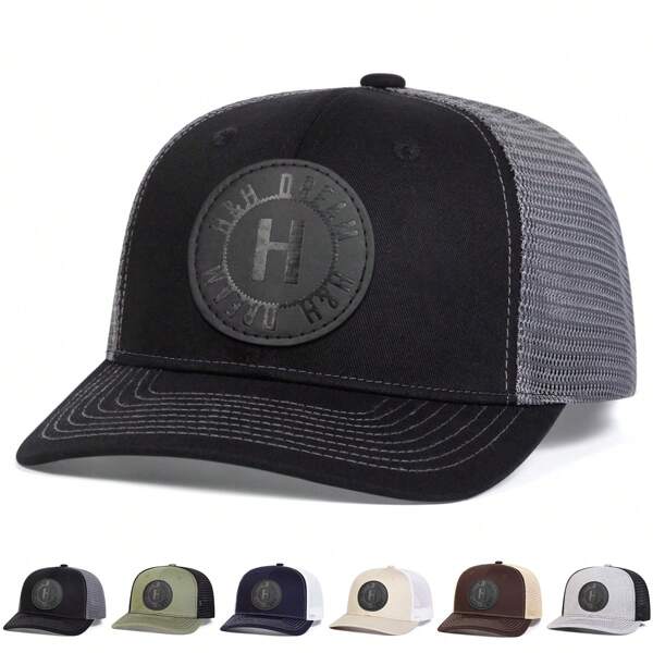 1pc Men's Slightly Curved Brim Baseball Cap With Letter Pattern, Trucker Hat, Leather Patch, Breathable Mesh, Spring Autumn Outdoor Travel Beach Resort