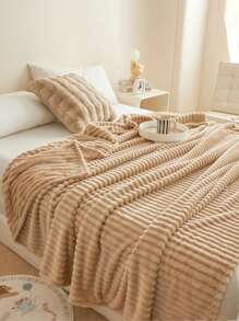 1 件牛奶咖啡色条纹绒毛法兰绒毯子，柔软舒适，适合卧室和客房 - 杏色 - 查看 6