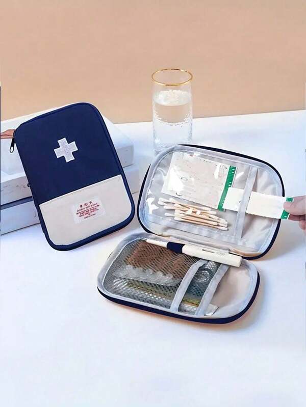 1 pieza Bolsa de medicina de emergencia portátil, impermeable y de nailon con cremallera de malla roja, bolsa de almacenamiento de medicinas de emergencia para acampada, hogar y viajes, botiquín, estuche para pastillas, organizador de medicamentos, accesorios de viaje, esenciales para vacaciones universitarias, cruceros y veranos