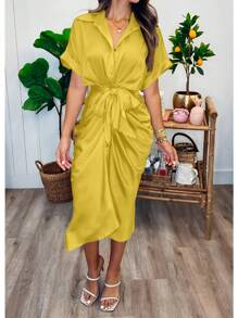 Vestidos Largos Elegantes para Mujer Moda Unicolor, con Botón Delantero, Transpirables y Cómodos, Ajustadoss - Amarillo - Ver 5