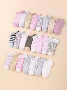 20双随机颜色条纹爱心图案儿童运动短袜，柔软轻盈低帮无缝袜，四季皆宜，舒适百搭，纯色袜，船袜，女童袜 - 彩色 - 查看 2