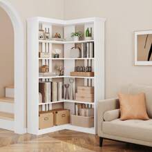 Industrial Corner Bookshelf, 72.8"H Farmhouse Bookcase, Large Bookshelf Wood Bookcase, 5-Tier Tall Corner Shelf, L Shaped Bookshelf Storage Display Rack For Living Room Bedroom,Half Back - White - View 1