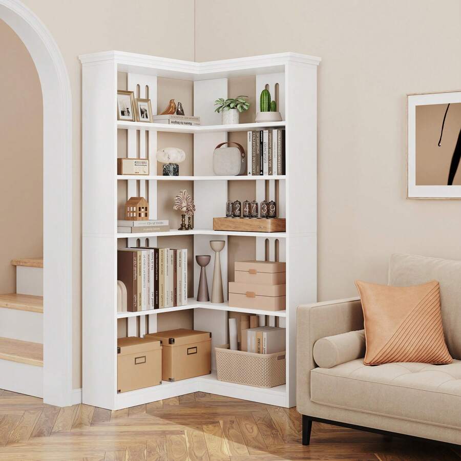Industrial Corner Bookshelf, 72.8"H Farmhouse Bookcase, Large Bookshelf Wood Bookcase, 5-Tier Tall Corner Shelf, L Shaped Bookshelf Storage Display Rack For Living Room Bedroom,Half Back - White - View 1