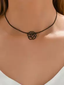 1 pieza Collar de mujer con decoración floral hueca de moda para uso diario, perfecto para San Valentín, Día de la Madre, regalo - Negro - Ver 1
