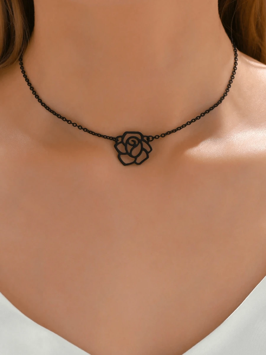 1 pieza Collar de mujer con decoración floral hueca de moda para uso diario, perfecto para San Valentín, Día de la Madre, regalo - Negro - Ver 1
