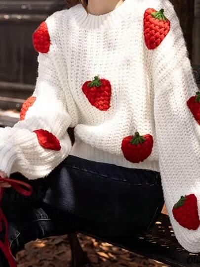 [Custom Developed] Cute Plush 3D Strawberry Knitted Sweater For Women, Autumn Winter New Sweet Youthful Soft Versatile Long Sleeve Top