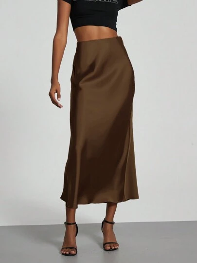 Se-Helo Fashion Women's Elastic Satin Feeling Satin Maxi Skirt - Coffee Brown