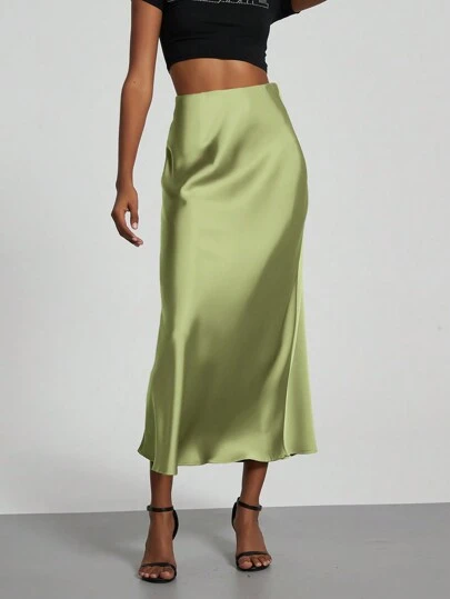 Se-Helo Fashion Women's Elastic Satin Feeling Satin Maxi Skirt - Mint Green