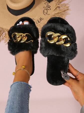 女士露趾链饰休闲蓬松便鞋