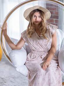 Retro Boho Woven Floral Pink Yellow Maxi Surplice Wrap Sah Dress Front Tie Flutter Sleeve - Pink - View 2