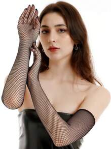 1 Pair Fishnet Lattice Stretchy Long Gloves, Bondage Cosplay, Sexy Finger Marks - Black - View 3