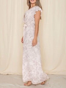 Retro Boho Woven Floral Pink Yellow Maxi Surplice Wrap Sah Dress Front Tie Flutter Sleeve - Pink - View 8