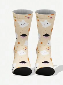 1pair Cartoon Rabbit, Pumpkin, Ghost & Floral Print Knee High Socks, Soft & Breathable, Suitable For All Seasons, Fashion, Casual, Sports & Outdoor Wear, Cute Socks, Halloween - Multicolor - View 2