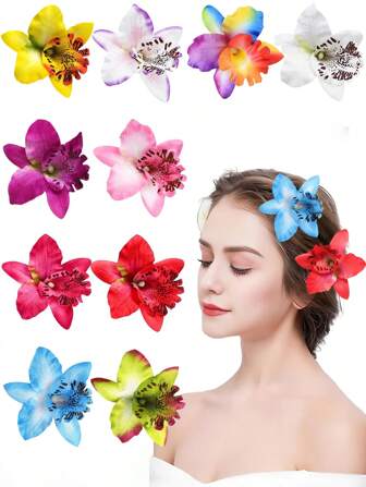 1PC Hawaiian Orchid Flower Hair Clip Artificial Flower Clips Hair Accessories For Vacation Beach Party Wedding Hair Accessories Gifts For Women Girls Beach Party Wedding Decor Accessories Claw Clips Hair Claws Hair Barrettes, School Stuff