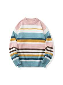 复古拼色针织毛衣宽松保暖休闲春秋 - 粉色 - 查看 1