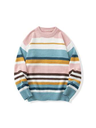 复古拼色针织毛衣宽松保暖休闲春秋