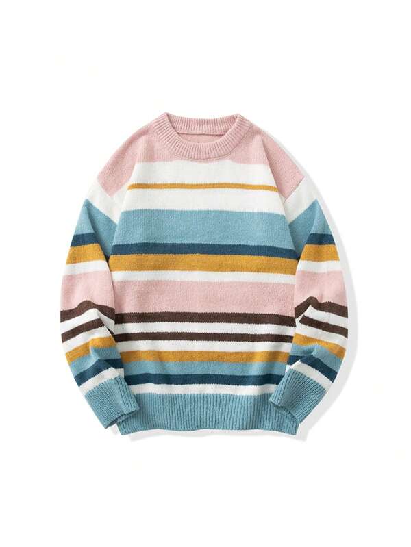 复古拼色针织毛衣宽松保暖休闲春秋