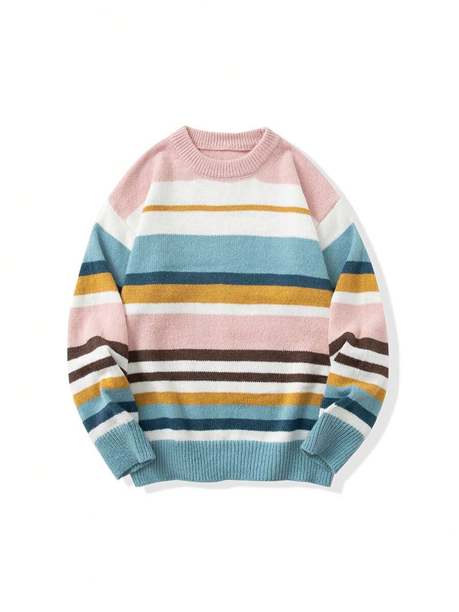 复古拼色针织毛衣宽松保暖休闲春秋 - 粉色 - 查看 1