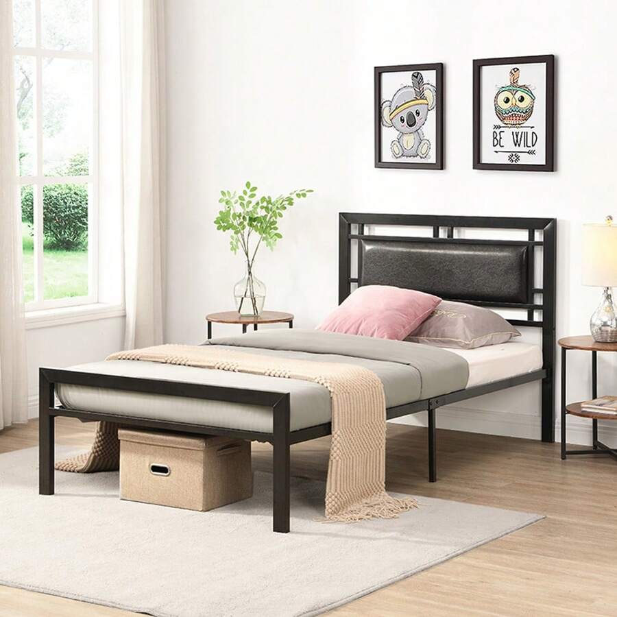 Yone Jx Je Twin Size Metal Bed Frame With Faux Leather Headboard, Platform Bed Frame With Heavy Duty Metal Slats, 11" Storage Space, Noise Free, No Box Spring Needed, Black
