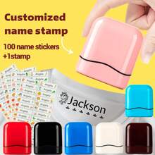 1pc Stamp + 100 Name Stickers, Custom Name Signature Stamp For Kids, Back To School Supplies For Kids,Name Stamps Personalized, DIY Customized Self Inking Name Stamp, Stamps For Signing Name,Customized Embossing Machines,Home Refresh - Pink - View 2