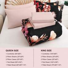 7 Pieces Purple Floral Comforter Sets Full Queen King Bed In A Bag,Elegant Flower Comforter With Sheet Set, Soft Microfiber Bedding Set For Wedding Items,Valentines Day Home Bed Room Decor,Mothers Day Gift,All Season - 紅色 - 查看 7