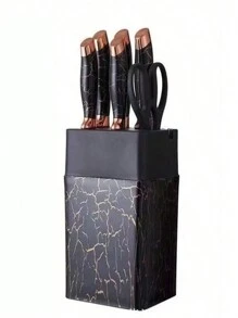 7pcs/Set,Knife Set, Five Multifunctional Chef Knives, A Pair Of Scissors, With A Base, Stainless Steel, Marble Pattern, Simple Luxury Style, Four Colors Of White, Brown, Silver, Gold, For Household Kitchens - Gold - View 10