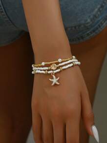 3pcs/Set Simple White Bead & Faux Pearl Starfish Shell Jewelry Bracelet, Suitable For Women's Daily Wear And Leisure Travel