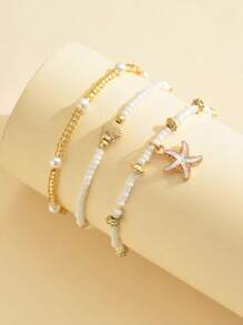 3pcs/Set Simple White Bead & Faux Pearl Starfish Shell Jewelry Bracelet, Suitable For Women's Daily Wear And Leisure Travel