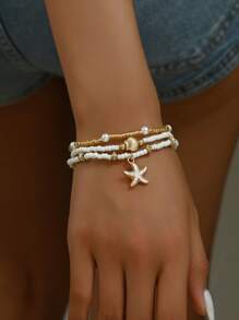 3pcs/Set Simple White Bead & Faux Pearl Starfish Shell Jewelry Bracelet, Suitable For Women's Daily Wear And Leisure Travel