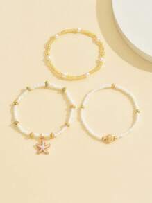 3pcs/Set Simple White Bead & Faux Pearl Starfish Shell Jewelry Bracelet, Suitable For Women's Daily Wear And Leisure Travel
