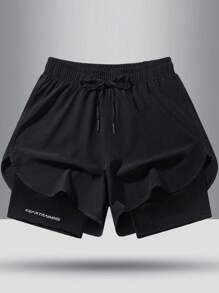 Boyfriend Style Men's Summer Outdoor Running Marathon Athletic Quick-Drying Training Fitness Basketball Ice Silk Double-Layer Solid Color Shorts With Inner Lining - Black - View 1