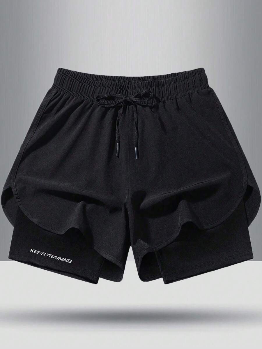 Boyfriend Style Men's Summer Outdoor Running Marathon Athletic Quick-Drying Training Fitness Basketball Ice Silk Double-Layer Solid Color Shorts With Inner Lining - Black - View 1