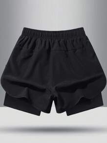 Boyfriend Style Men's Summer Outdoor Running Marathon Athletic Quick-Drying Training Fitness Basketball Ice Silk Double-Layer Solid Color Shorts With Inner Lining - Black - View 2