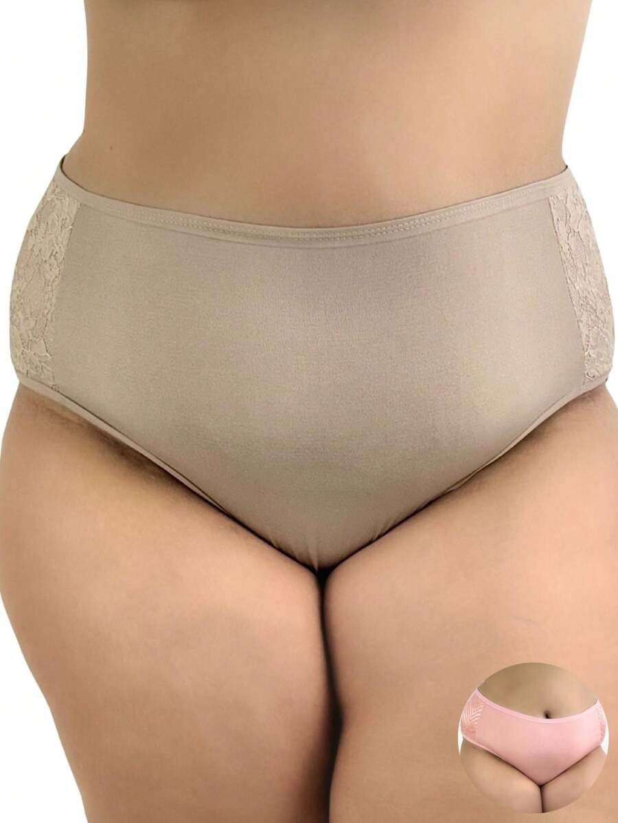 Kit 2 Plus Size Women's Panties High Waisted Comfort In Romantic With Lace On The Sides - Nhiều màu - Xem 1